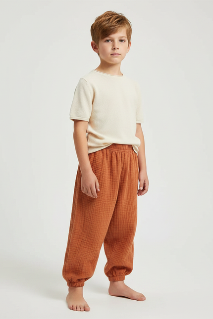 Pantalon Marron Coton Plissé Ample Enfant Respirant