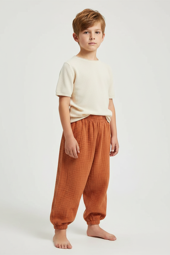 Pantalon Marron Coton Plissé Ample Enfant Respirant