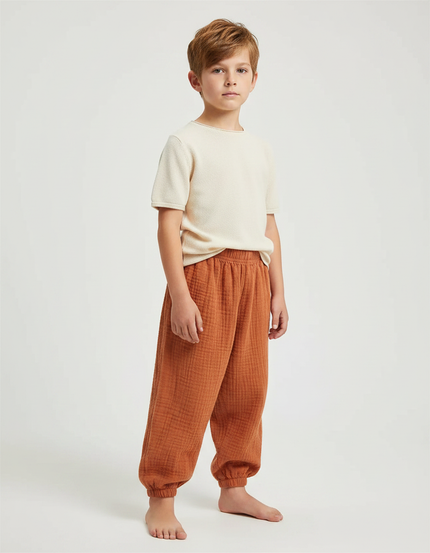 Pantalon Marron Coton Plissé Ample Enfant Respirant