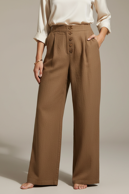 Pantalon Marron Lin Ample Taille Haute Femme