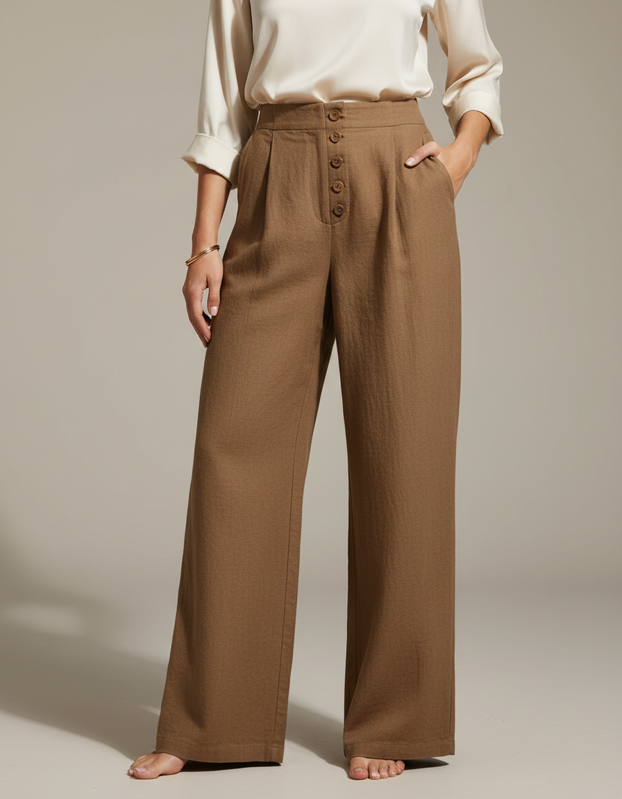 Pantalon Marron Lin Ample Taille Haute Femme