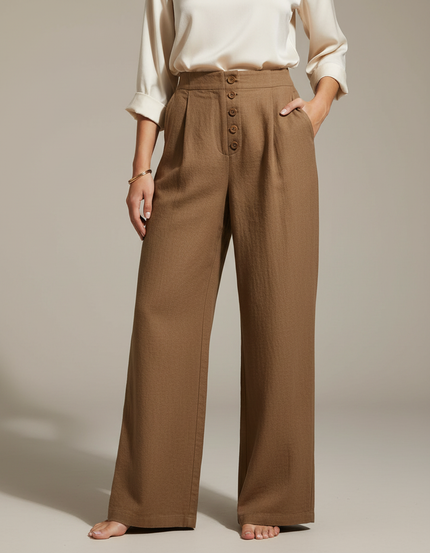 Pantalon Marron Lin Ample Taille Haute Femme