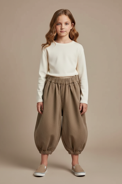 Pantalon Marron Harem Coton Ample Enfant - Kaki Molleton