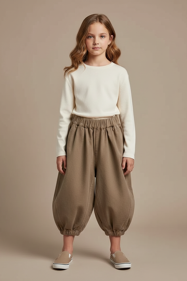 Pantalon Marron Harem Coton Ample Enfant - Kaki Molleton