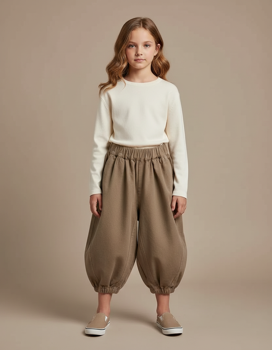 Pantalon Marron Harem Coton Ample Enfant - Kaki Molleton