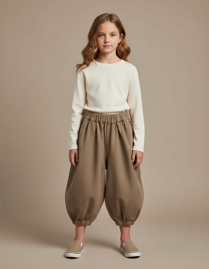 Pantalon Marron Harem Coton Ample Enfant - Kaki Molleton
