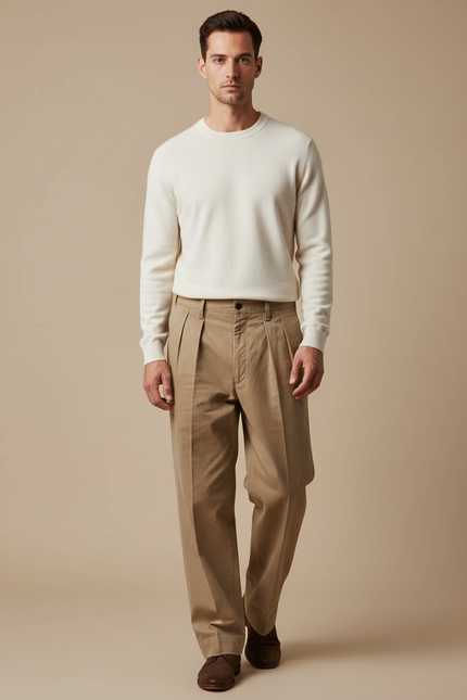 Pantalon Marron Plissé Coton Twill Ample Décontracté