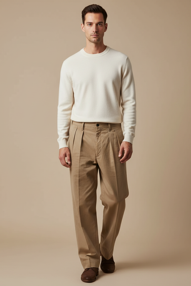 Pantalon Marron Plissé Coton Twill Ample Décontracté