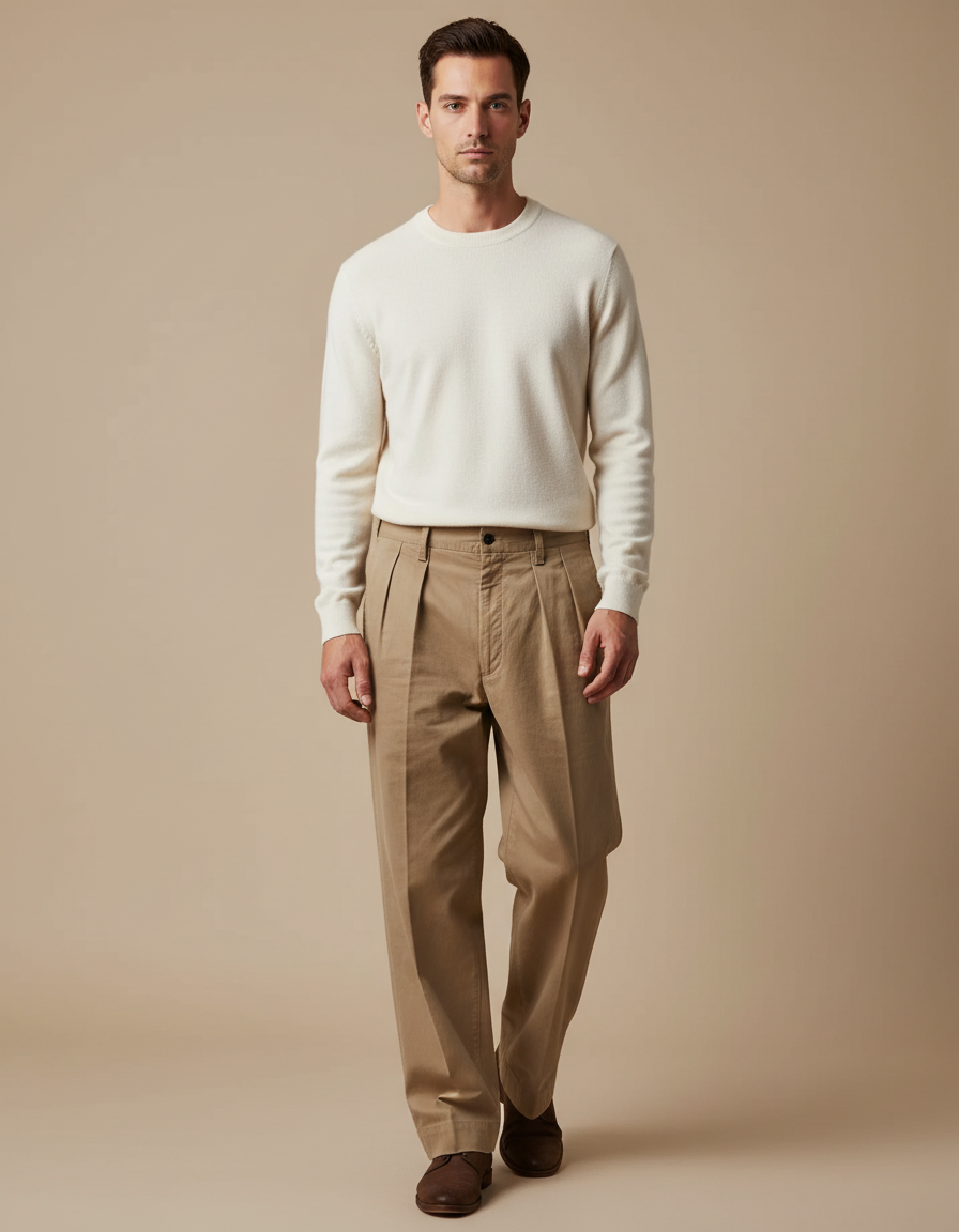 Pantalon Marron Plissé Coton Twill Ample Décontracté