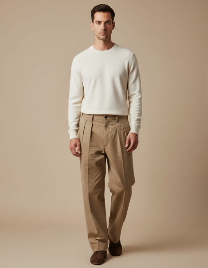 Pantalon Marron Plissé Coton Twill Ample Décontracté