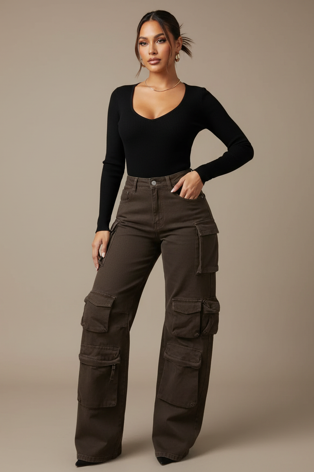 Pantalon Marron Cargo Ample Taille Haute Poches Femme - Toile