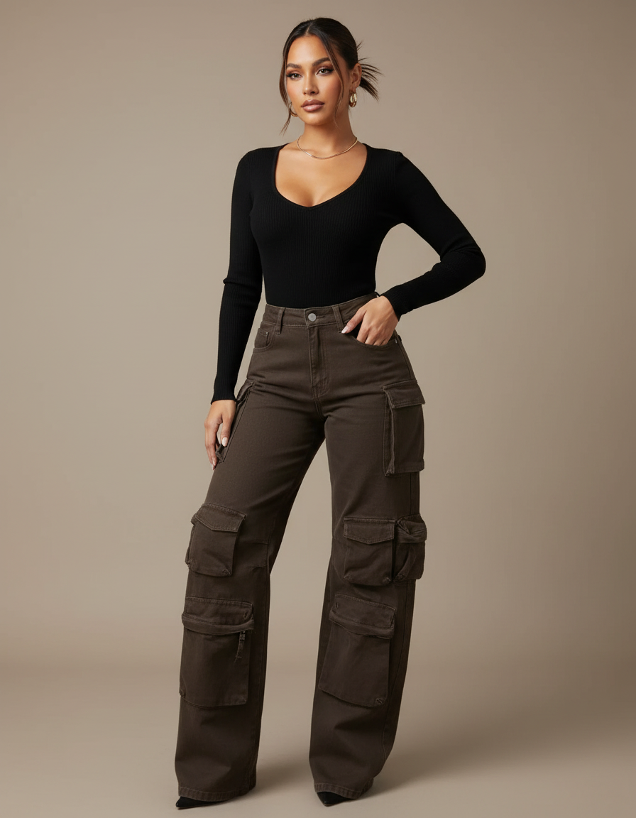 Pantalon Marron Cargo Ample Taille Haute Poches Femme - Toile