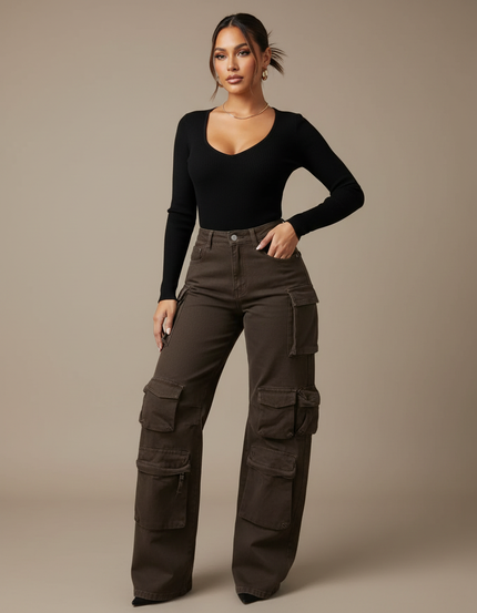 Pantalon Marron Cargo Ample Taille Haute Poches Femme - Toile