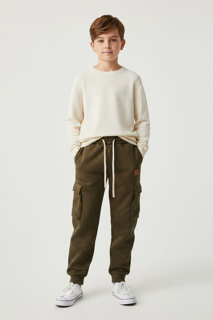 Pantalon Marron Cargo Molletonné Ample Enfant - Kaki