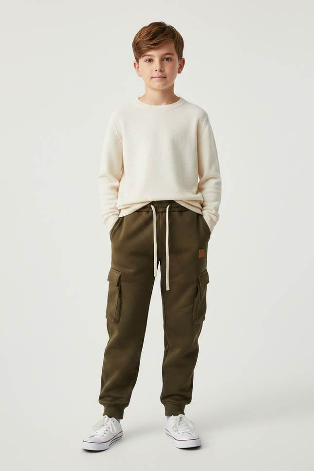 Pantalon Marron Cargo Molletonné Ample Enfant - Kaki