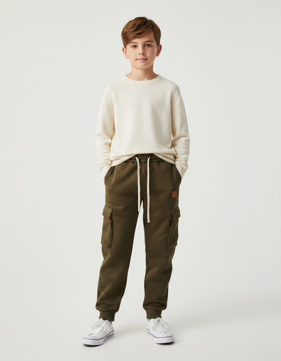 Pantalon Marron Cargo Molletonné Ample Enfant - Kaki