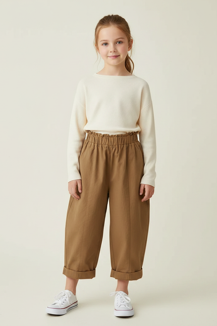 Pantalon Marron Coton Ample Élastique Enfant Plié