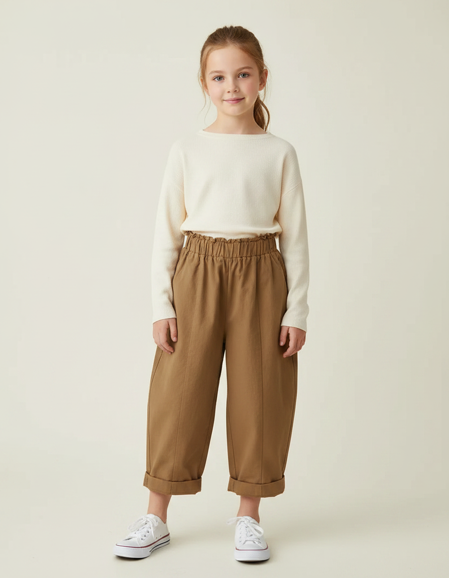 Pantalon Marron Coton Ample Élastique Enfant Plié