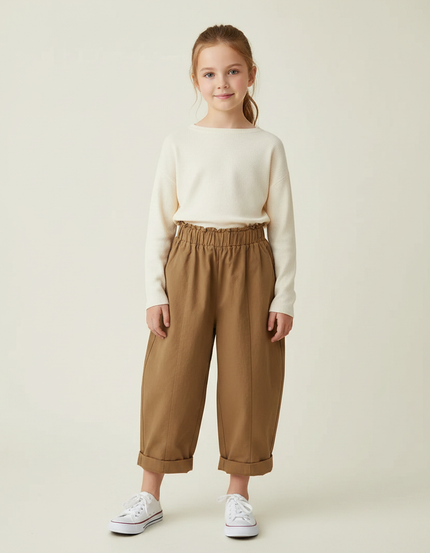 Pantalon Marron Coton Ample Élastique Enfant Plié