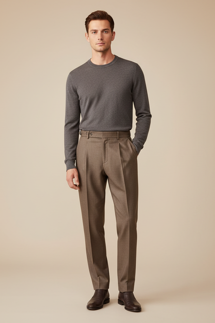Pantalon Marron Laine Droit Plissé Élégant Homme