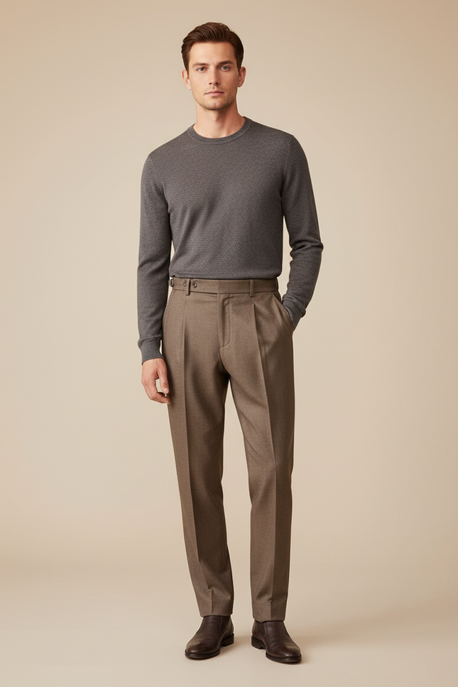 Pantalon Marron Laine Droit Plissé Élégant Homme