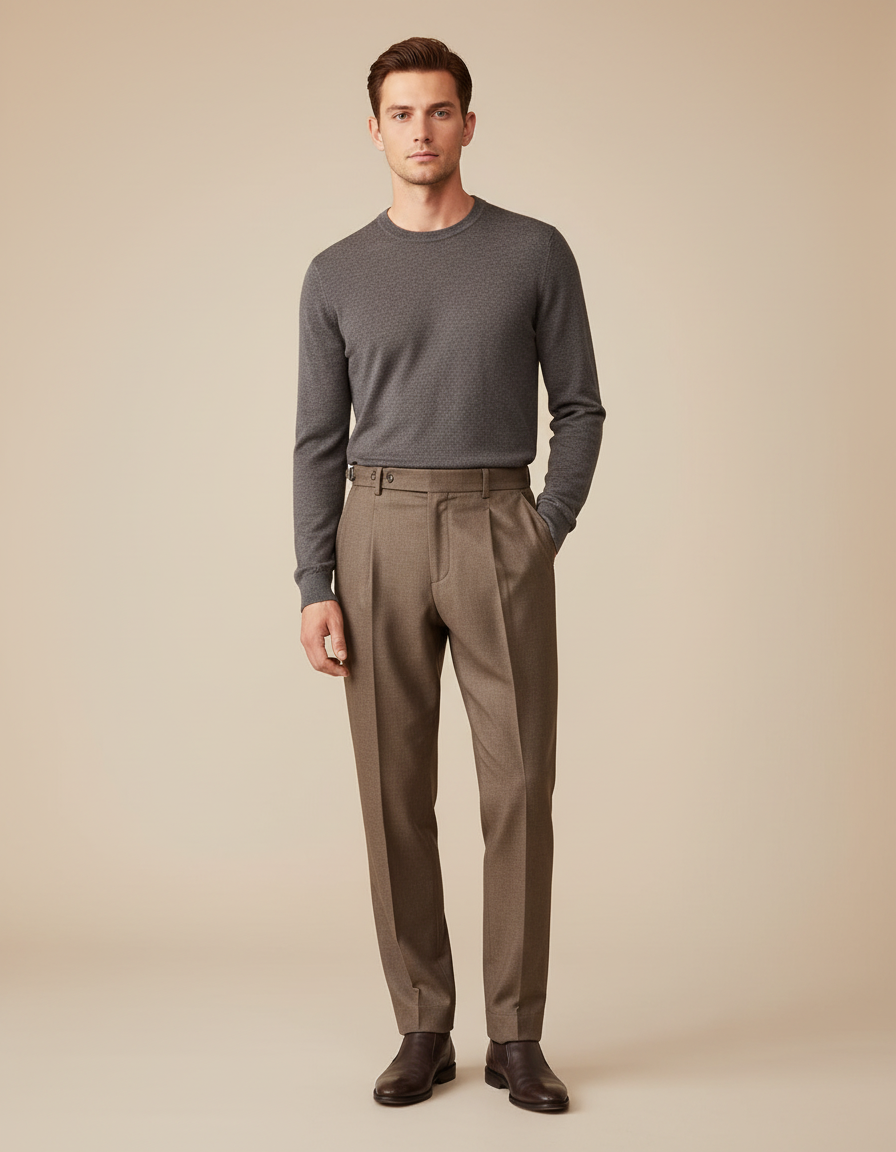 Pantalon Marron Laine Droit Plissé Élégant Homme