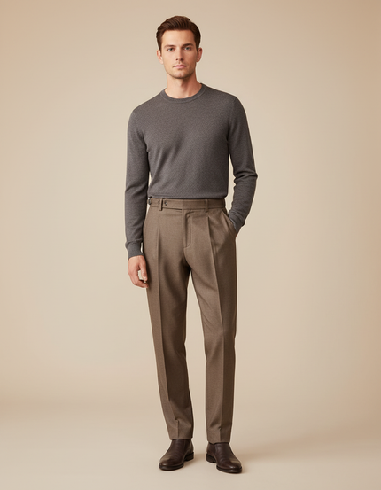 Pantalon Marron Laine Droit Plissé Élégant Homme