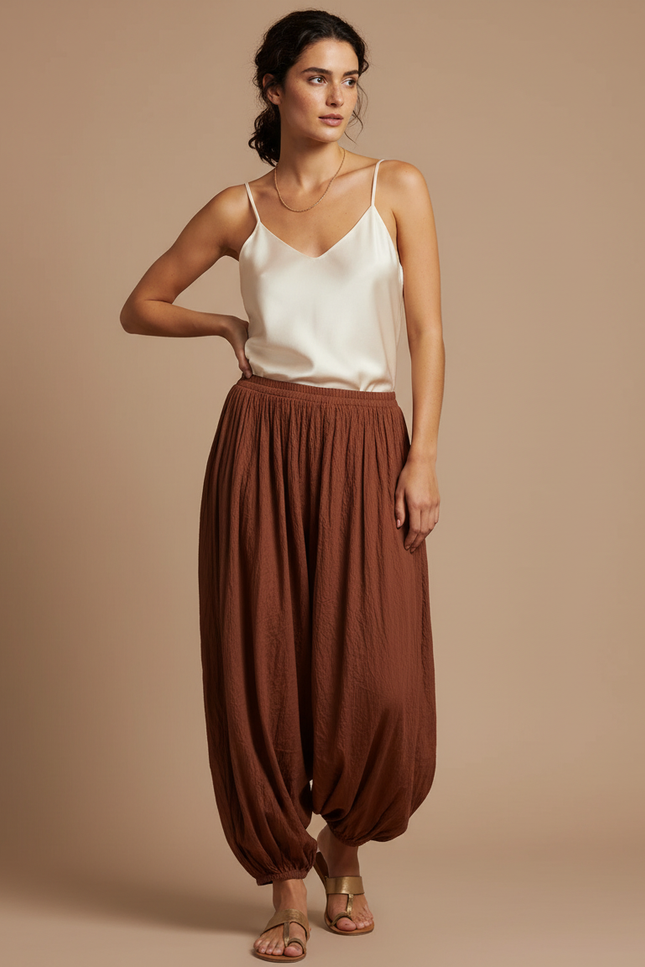 Pantalon Marron Ample Plissé Décontracté Harem Bouffant - Lin