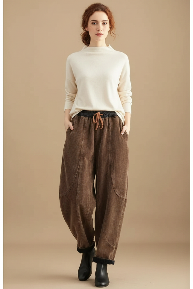 Pantalon Marron Côtelé Doublé Polaire Ample Hiver Femme - Cordé