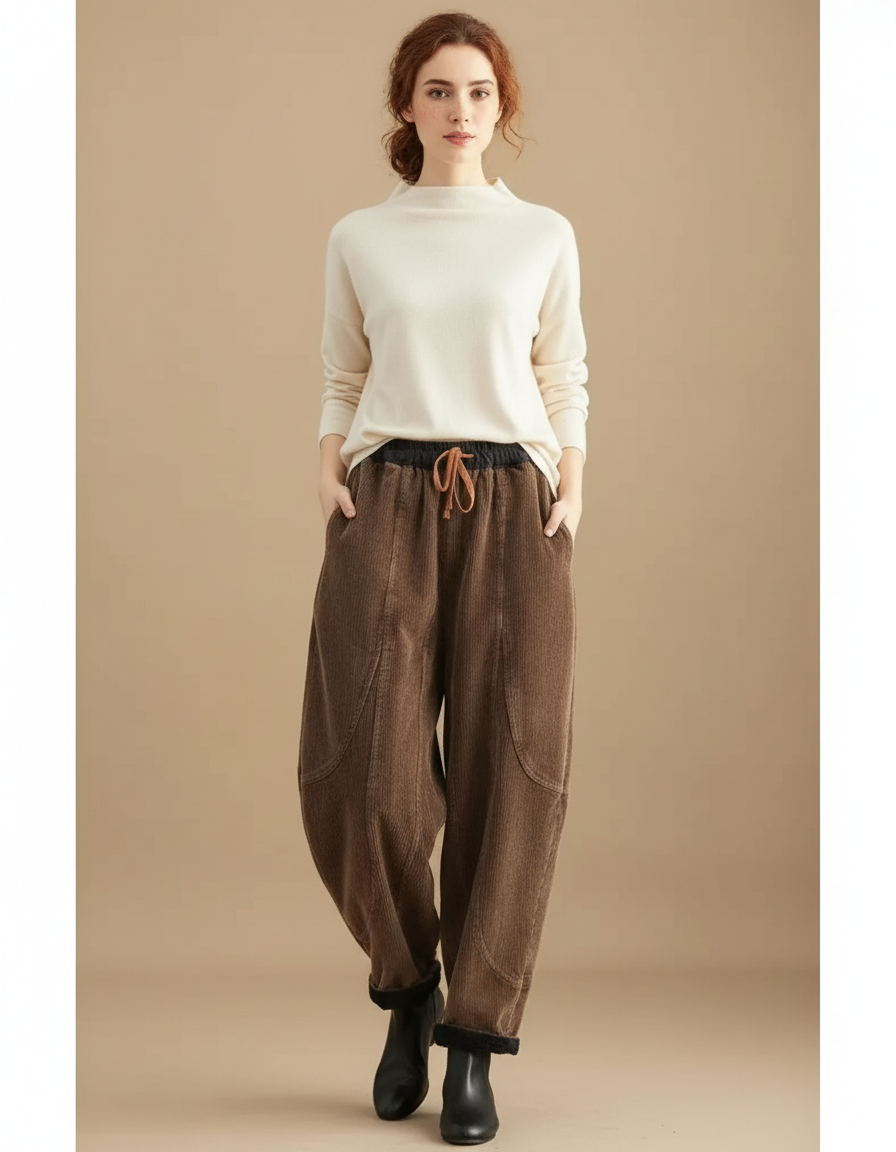 Pantalon Marron Côtelé Doublé Polaire Ample Hiver Femme - Cordé