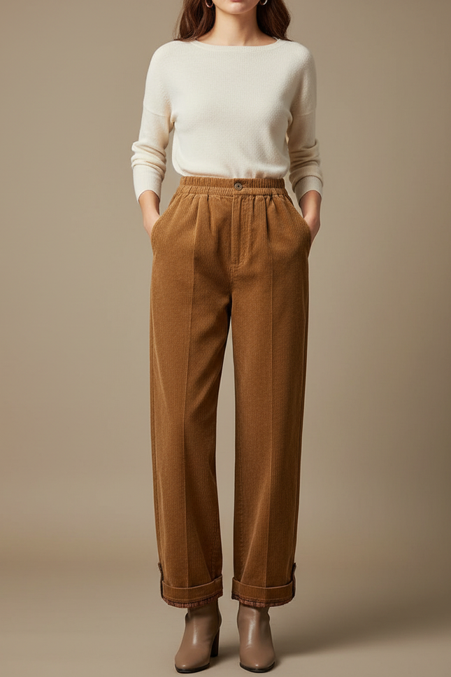 Pantalon Marron Côtelé Ample Décontracté Plissé Femme - Cordé