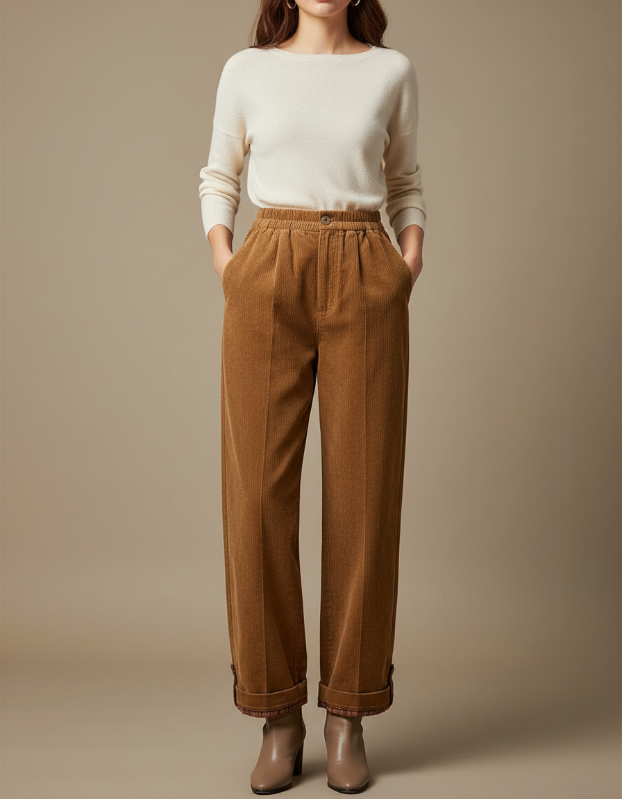 Pantalon Marron Côtelé Ample Décontracté Plissé Femme - Cordé
