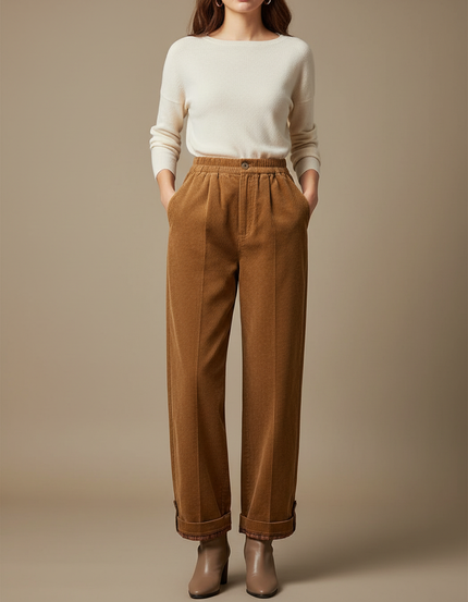 Pantalon Marron Côtelé Ample Décontracté Plissé Femme - Cordé