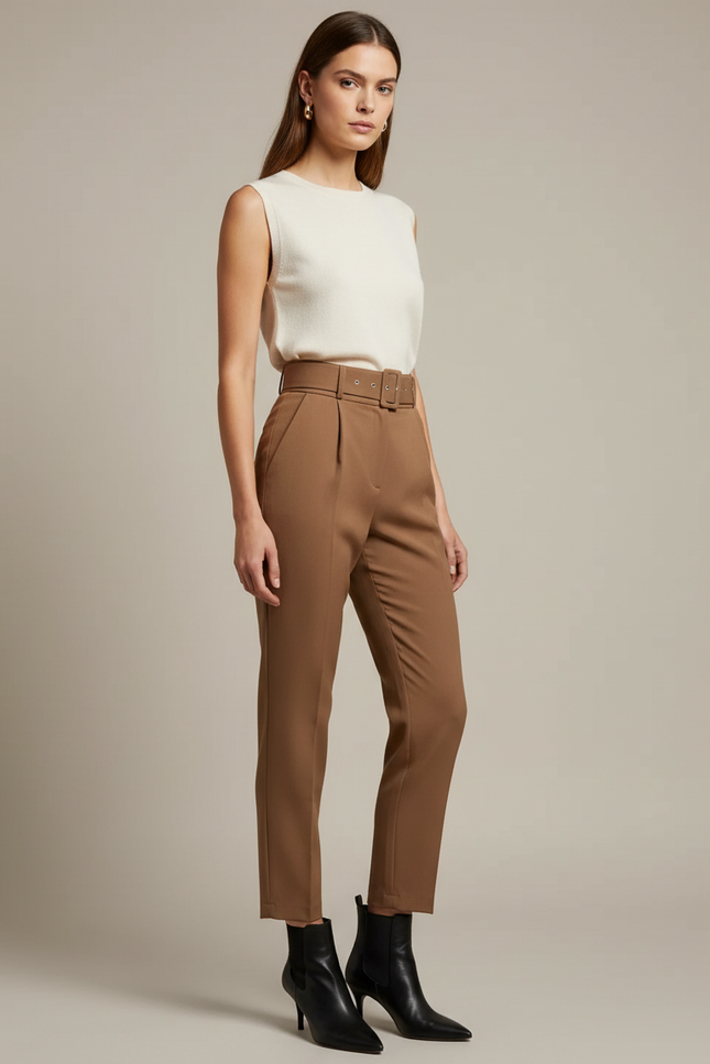 Pantalon Marron Ceinturé Taille Haute Élégant Femme - Polyester