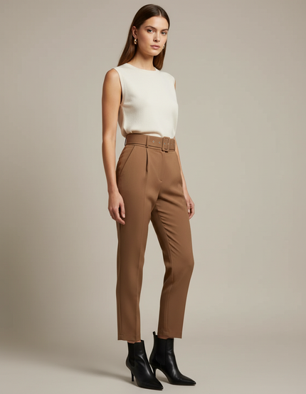 Pantalon Marron Ceinturé Taille Haute Élégant Femme - Polyester