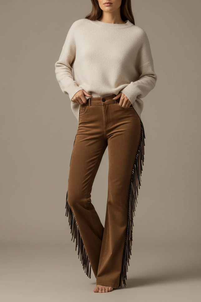 Pantalon Marron Franges Daim Évasé Vintage - Cordé