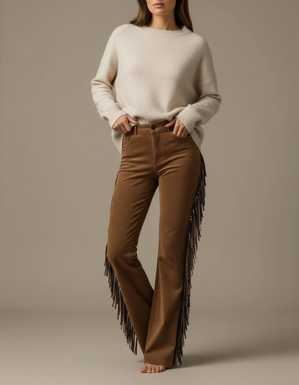 Pantalon Marron Franges Daim Évasé Vintage - Cordé