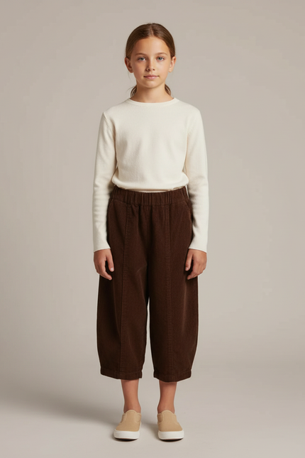 Pantalon Marron Côtelé Ample Plissé Enfant - Cordé