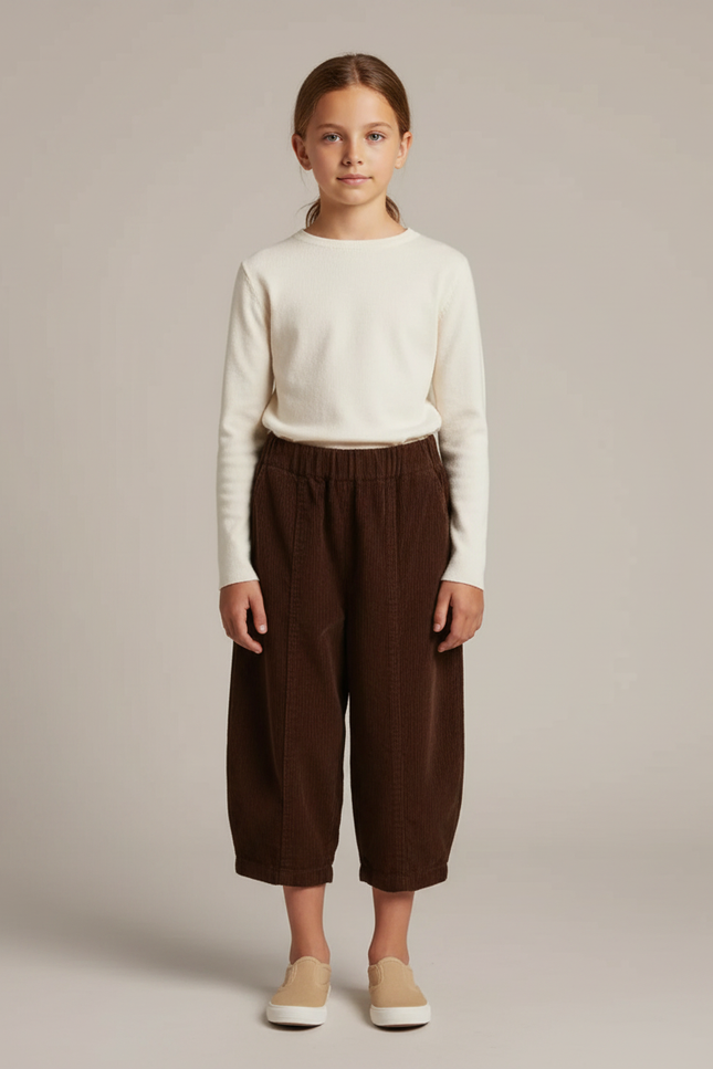 Pantalon Marron Côtelé Ample Plissé Enfant - Cordé