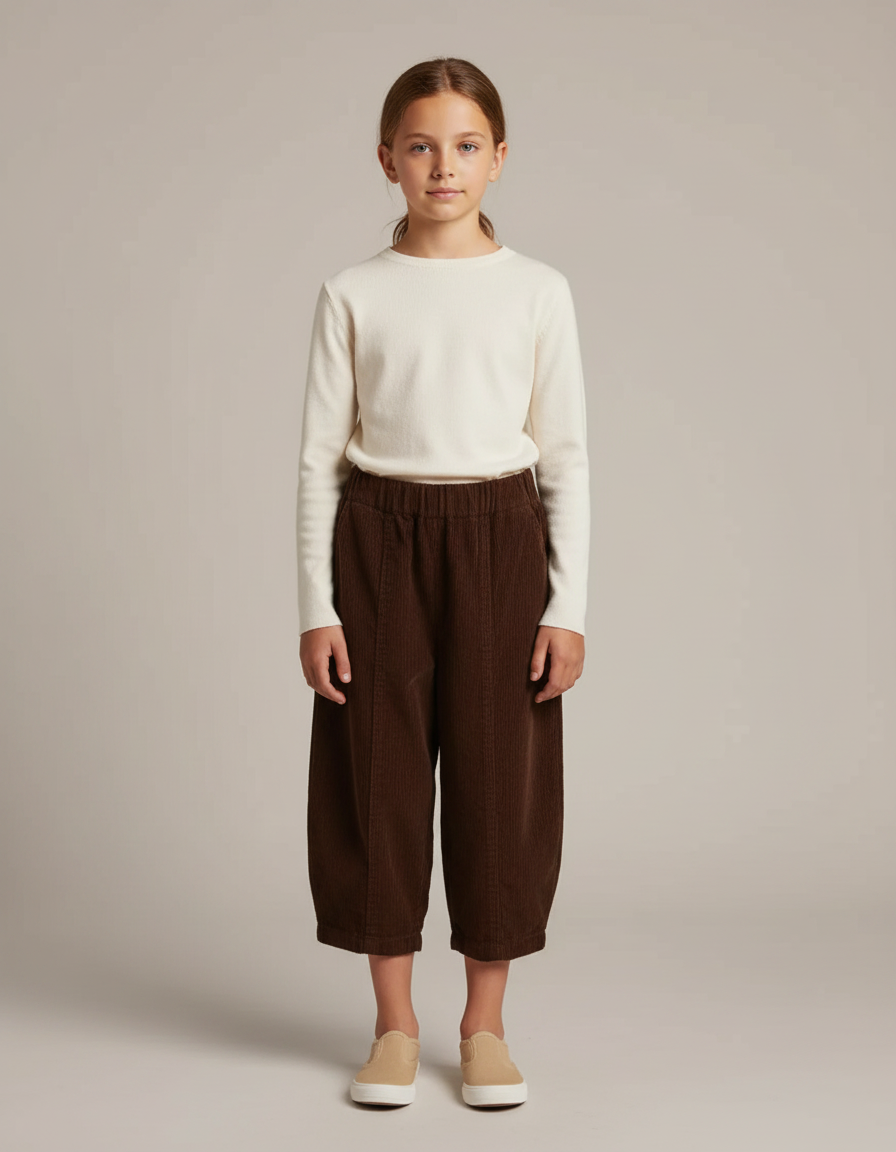Pantalon Marron Côtelé Ample Plissé Enfant - Cordé