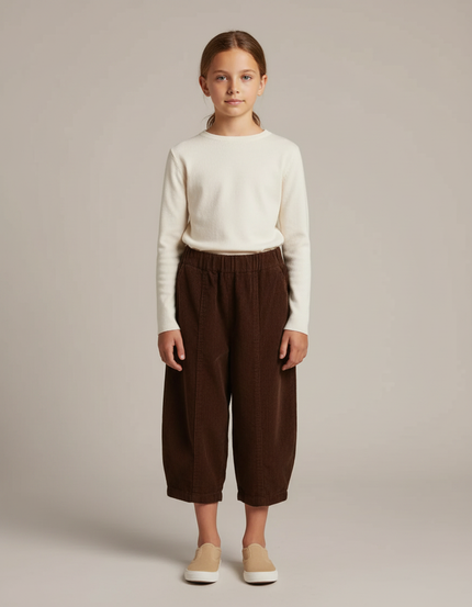 Pantalon Marron Côtelé Ample Plissé Enfant - Cordé