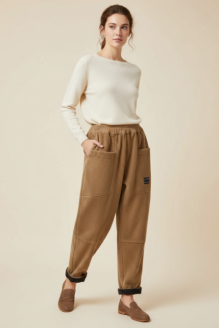 Pantalon Marron Côtelé Ample Élastique Décontracté Harem - Cordé