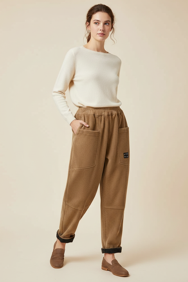Pantalon Marron Côtelé Ample Élastique Décontracté Harem - Cordé