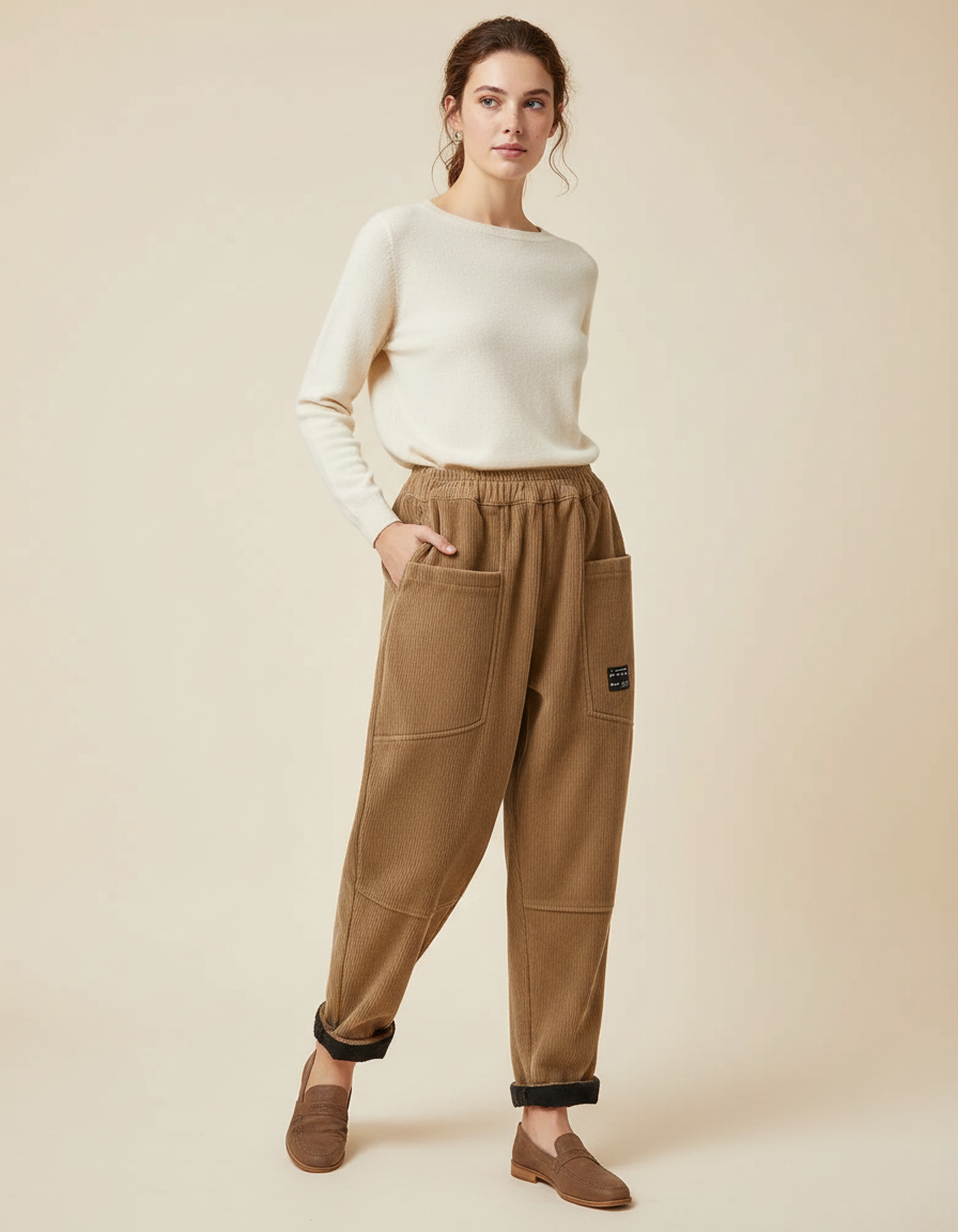 Pantalon Marron Côtelé Ample Élastique Décontracté Harem - Cordé