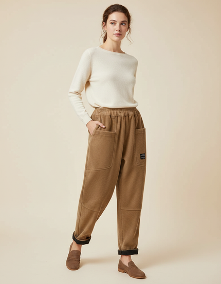 Pantalon Marron Côtelé Ample Élastique Décontracté Harem - Cordé