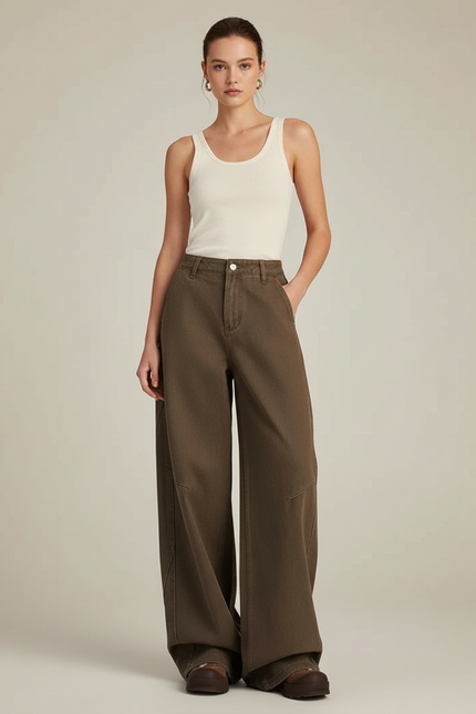 Pantalon Marron Ample Coton Taille Haute Décontracté Femme - Kaki Toile