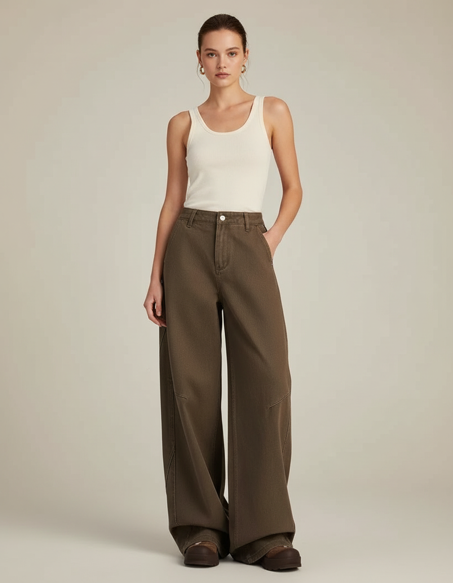 Pantalon Marron Ample Coton Taille Haute Décontracté Femme - Kaki Toile