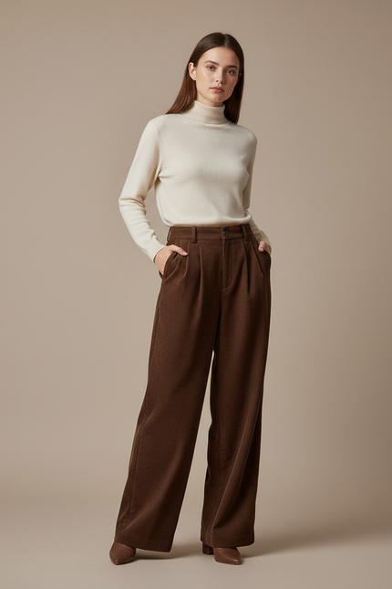 Pantalon Marron Côtelé Droit Vintage Femme - Cordé