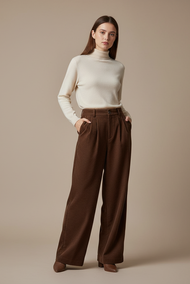 Pantalon Marron Côtelé Droit Vintage Femme - Cordé