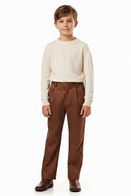 Pantalon Marron Plissé Rayé Enfant Élégant Décontracté - Polyester